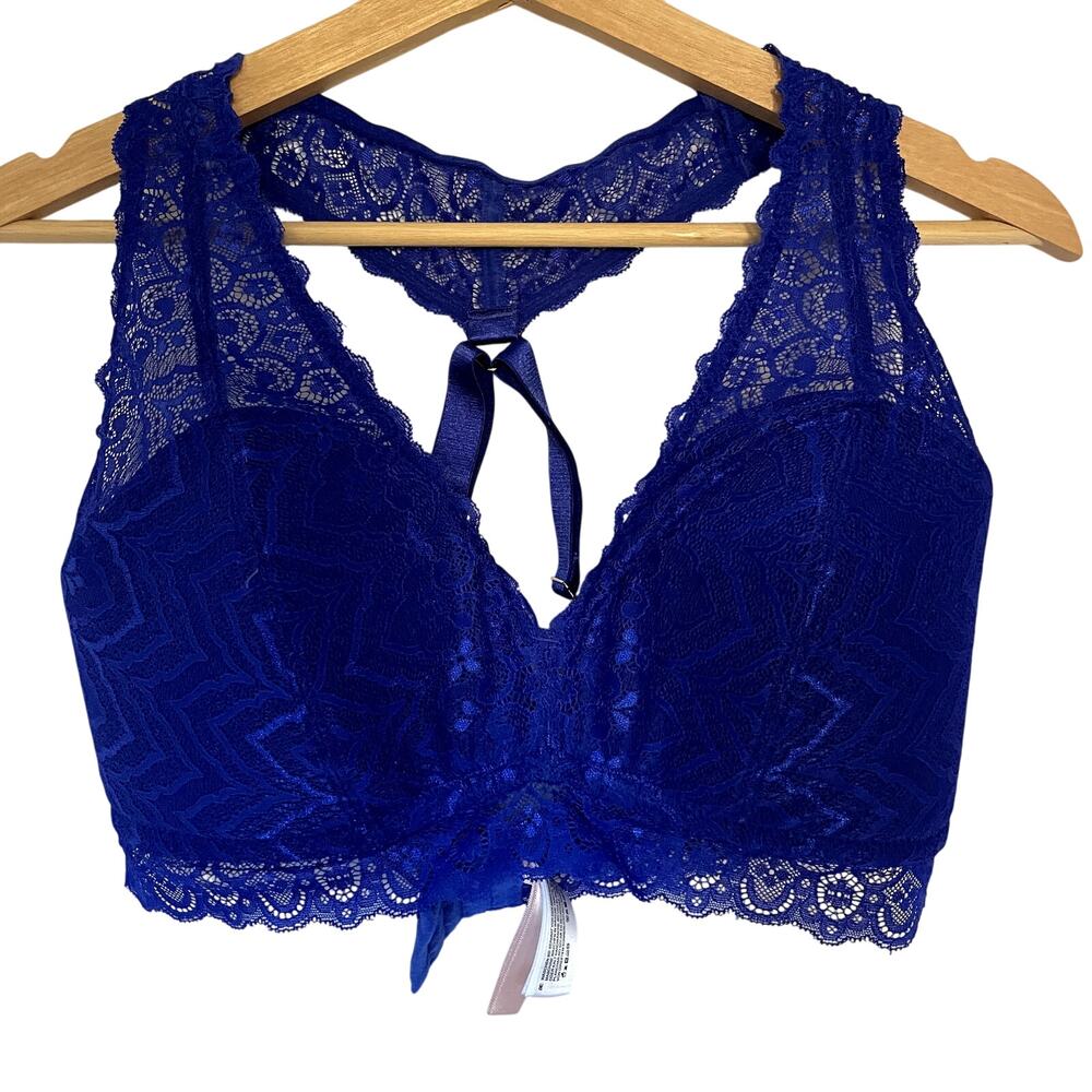 Hips & Curves royal blue lace overlay racerback padded bra women's size small
